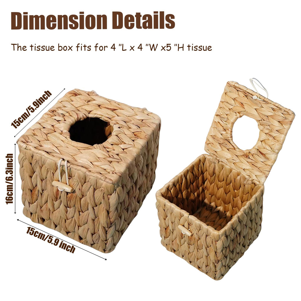 PINXIURY Tissue Box Cover Square Handwoven Rattan Tissue Box Holder, Natural Handmade, Boho Decorative Handcrafted Square Facial Tissue Holder with Lid, Rustic Decorative on Table and Bathroom, Office