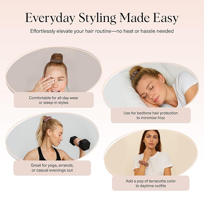 Kitsch Satin Scrunchies for Women - No Crease Hair Ties for Girls | Scrunchies For All Hair Types and Textures, Perfect for Day or Night - 6 Pcs, Terracotta
