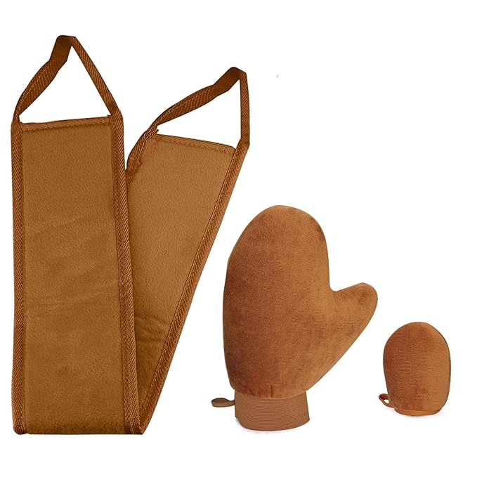 ASTIMESA Tanning Mitt and Self Tanner Back Applicator, Different Sized Self Tanning Kit, Tanning Glove Self Tan Back Applicator for Lotion Mousse Sunless Face Skin Body Beauty Women Men (brown)