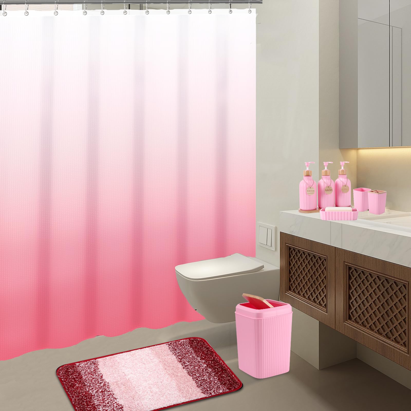 XLHOMO Bathroom Accessories,Bathroom Set with Shower Curtain,Rugs,Trash Can,Lotion Soap Dispenser,Toothbrush Holder,Soap Dish, Tags with Tray（Pink1 ），（Bath Set+Shower Curtain+Bath Rugs）