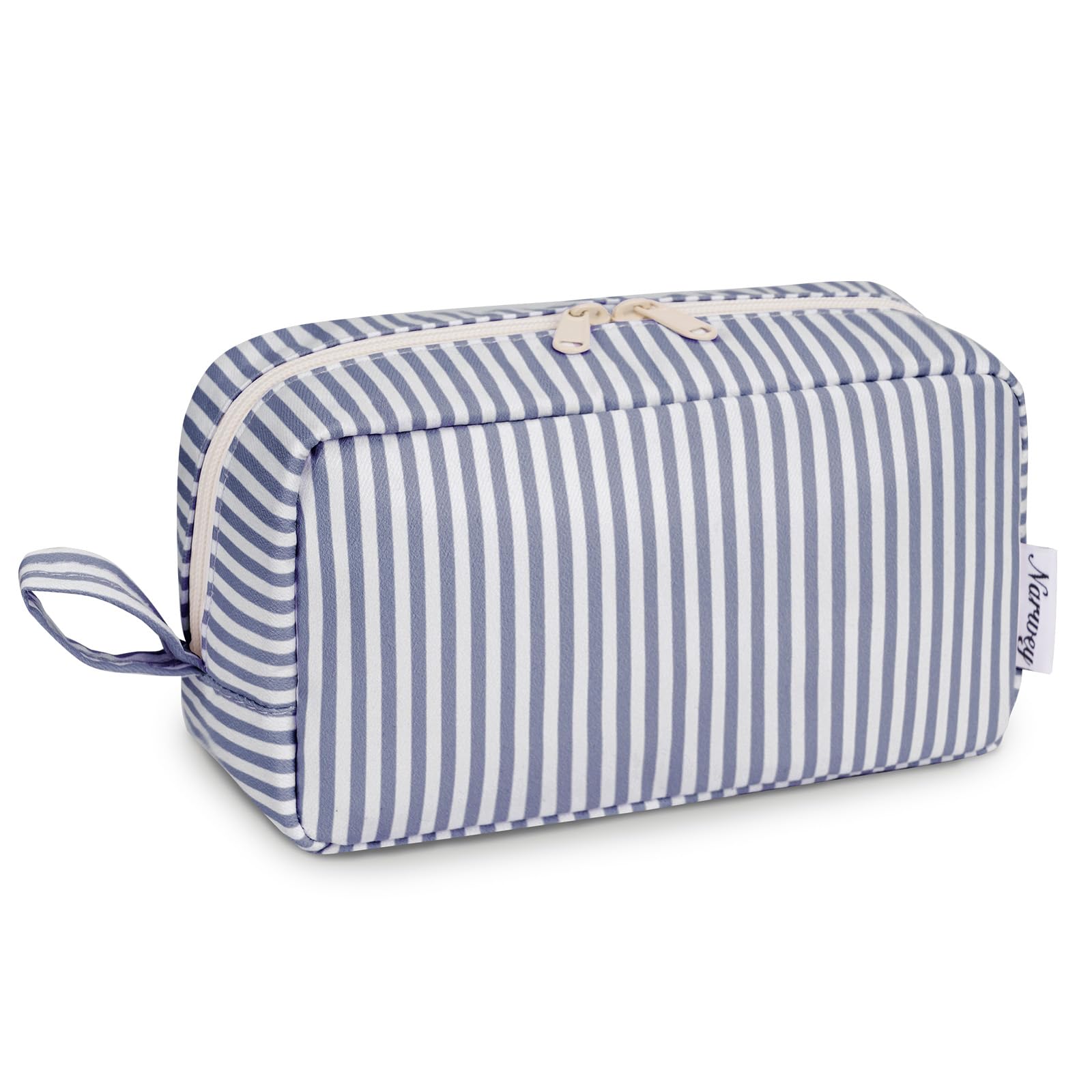 Narwey Cute Makeup Bag Small Toiletry Bag Travel Cosmetic Bag Organizer Make Up Bags with Organized Pockets for Women (Greyish Blue Stripe, Large)