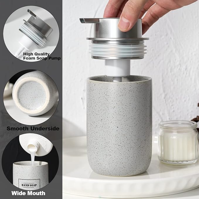 GIRLUFO Gray Foaming Soap Dispenser,Ceramic Foam Dispenser with Silver Plastic Pump for Bathroom&Kitchen,12oz Refillable Foaming Dispenser