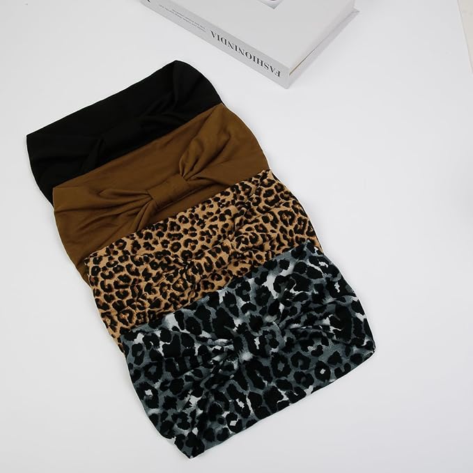 Huachi Wide Headbands for Women Black Stylish Head Wraps Boho Thick Hairbands Large African Leopard Printed Sport Yoga Turban Headband Hair Accessories (Pack of 4)