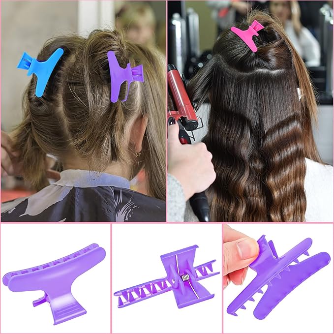 BAHABY Hair Clips for Styling Sectioning 12 Pack Hot Pink Purple Blue Butterfly Clamps Hair Claw Clips Pro Salon Hair Clips for Styling, Sectioning, Cutting and Coloring
