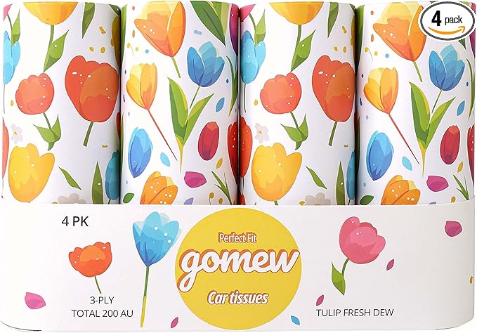 Car Tissue Holder (4 PK) - 50 3-Ply Tissues per Cylinder, Fits Car Cup Holders, Portable Travel Tubes Box Container, Tulip Design, Round Tissue Container for Car Accessories