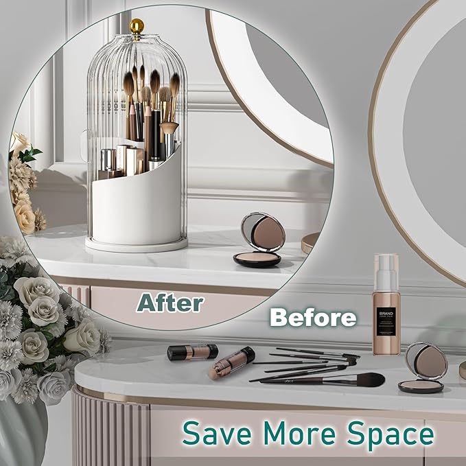 GAXmi Makeup Brush Holder with Lid Rotating Cosmetic Organizer, Transparent