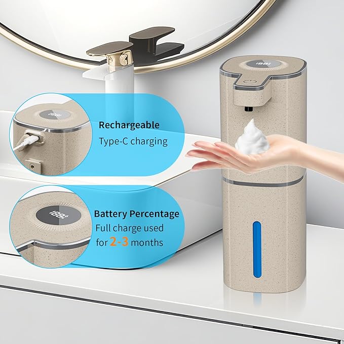 Automatic Liquid Soap Dispenser, Touchless Rechargeable Hand Soap Dispenser, 4 Adjustable Levels, 1200mAh Battery, Large Display, for Kitchen & Bathroom (Light Khaki, Liquid)