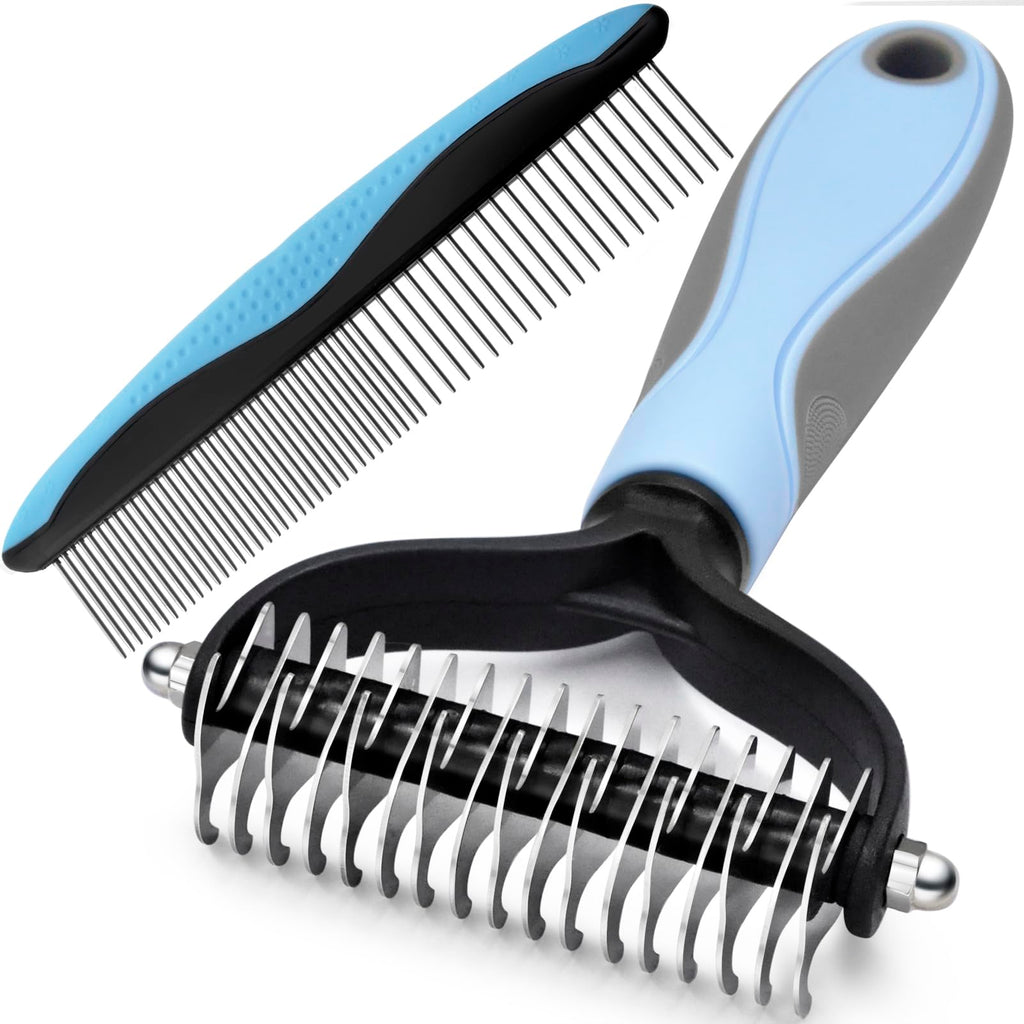 GOESWELL Pet Deshedding Brush - Undercoat Rake for Dogs & Cats - Double Sided Brush for Shedding and Dematting Comb for Dogs Grooming Tool kit - (Blue(Rake +Comb))