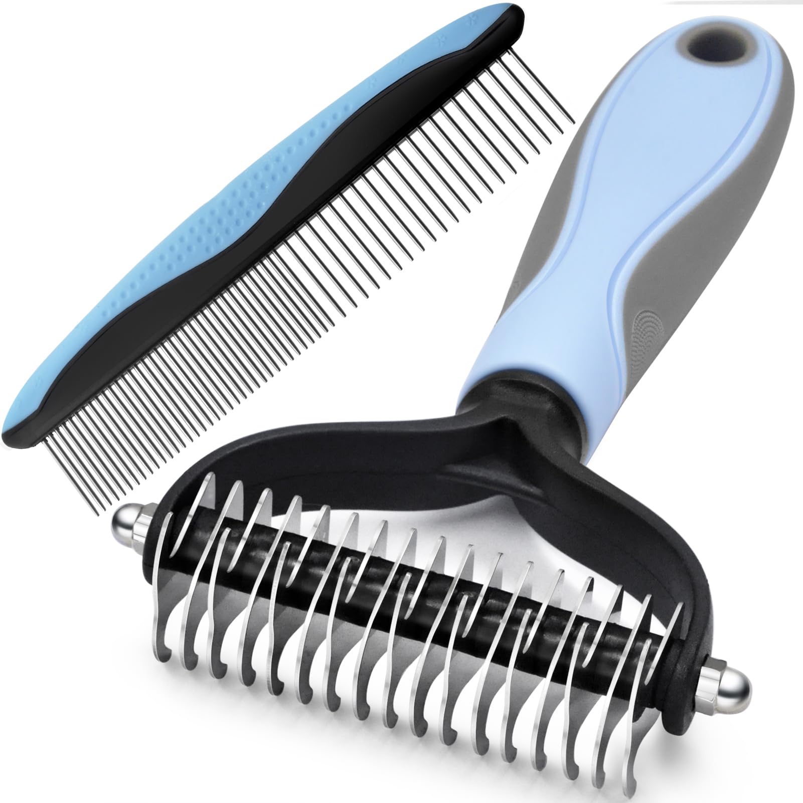 GOESWELL Pet Deshedding Brush - Undercoat Rake for Dogs & Cats - Double Sided Brush for Shedding and Dematting Comb for Dogs Grooming Tool kit - (Blue(Rake +Comb))