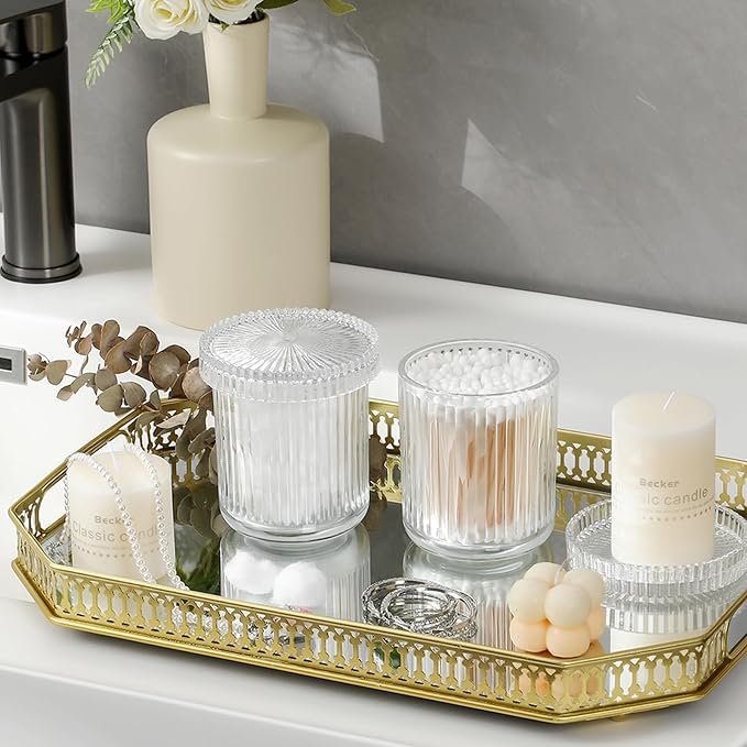 rejomiik Glass Qtip Holder Dispenser 2 Pack, Bathroom Canister Apothecary Jars with Lids, Vanity Makeup Accessories Storage Organizer for Cotton Swabs, Cotton Balls, Pads, Floss Picks, Clear