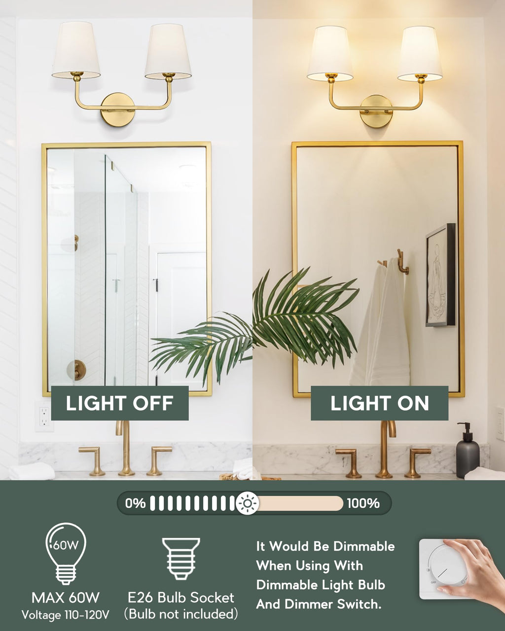 METWET 2 Light Bathroom Vanity Light, Brushed Gold Double Wall Sconce with Flared White Fabric Shade, Modern Sconces Wall Lighting for Hallway Bedroom Stairway, VL837-BG