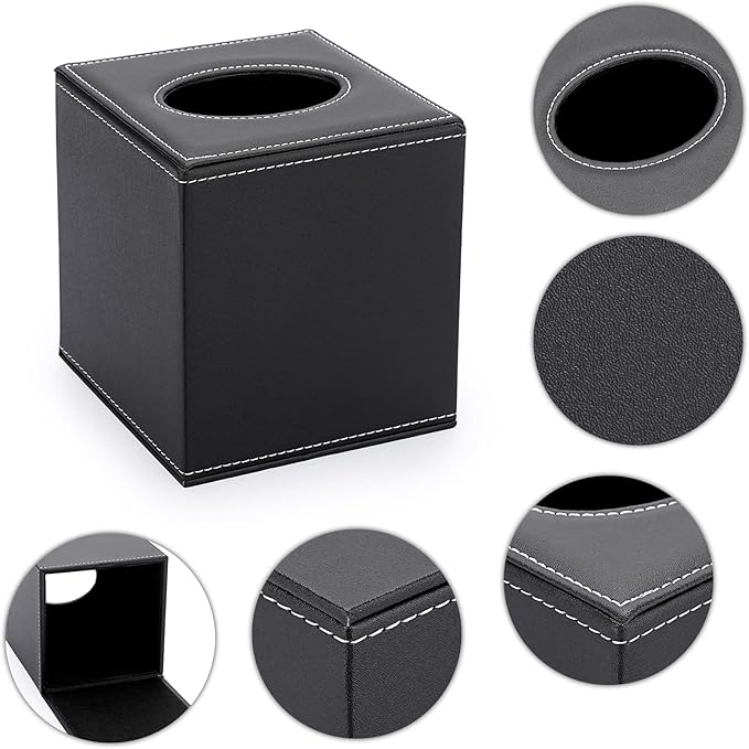Sumnacon Square Leather Tissue Box Cover - Stylish Cube Tissue Box Holder with Magnetic Bottom, Decorative PU Tissue Box for Vanity Dresser Night Stand Table Countertop Home Office Car, Black