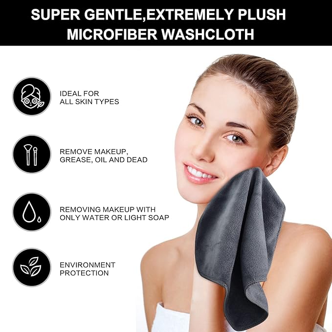 SINLAND Microfiber Facial Cloths Fast Drying Washcloth 12inch x 12inch Grey 2 pack