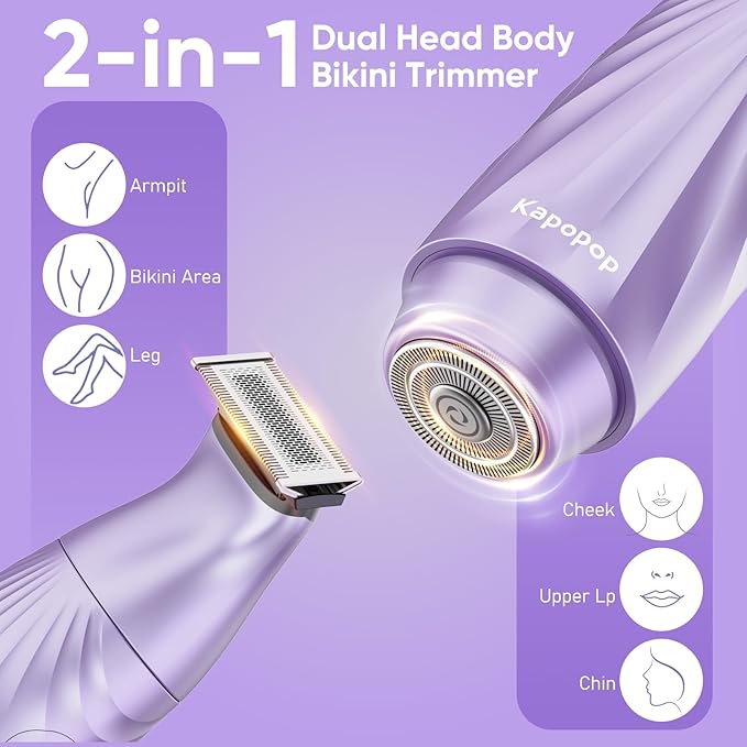 New Designed for Sensitive Skin Painless 2-in-1 Bikini Trimmer for Women,Dual Heads Electric Shaver & Razor for Body Pubic Underarm&Facial Hair,IPX7 Waterproof,Rechargeable Cordless Razor