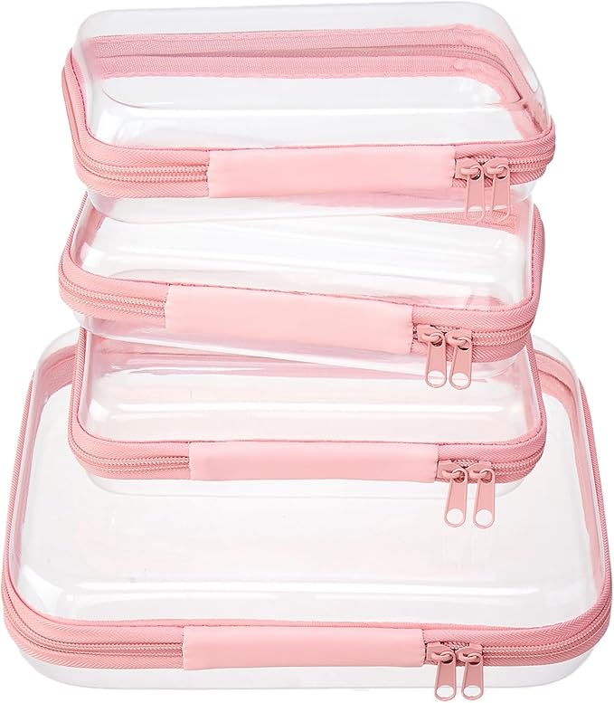 WELPIRT 4 pcs Clear Zipper Pouches,Hard Shell Zipper Case, Toiletry Bag for Travel, CLear Diaper Bag, Toiletry Pouch, Travel Organizer, Cosmetic Bag,Toy Storage Bins (M+3S) (Light Pink)