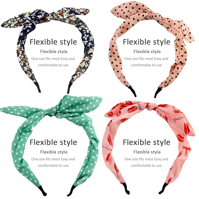 eyxformula 6 Pcs Colorful Headbands, Fashion Floral Polka Dot Stripe Bow Headbands Randomly, Lovely Ears Hairbands Knot Hair Bands Hair Accessories for Women, Girls