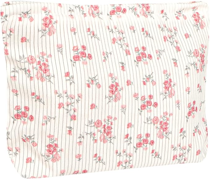 Ksriylm Cute Makeup Pouch for Women Flower Small Make Up Bag for Purse Zipper Initial Cosmetic Bags Pouches for Purse Aesthetic Travel Toiletrybags Gift,Red Floral