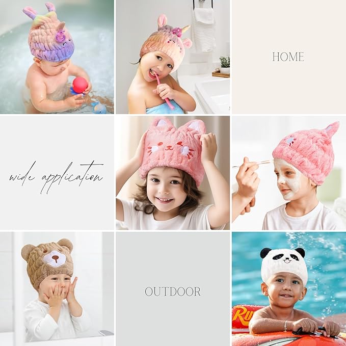 LCBD Microfiber Hair Towel Wrap for Kids, White Bear Dry Hair Cap Suck Water, Absorbent Quick Girls Boys Hair Drying Towel, Lightweight Bouncy Hat Headscarf for Wet Hair