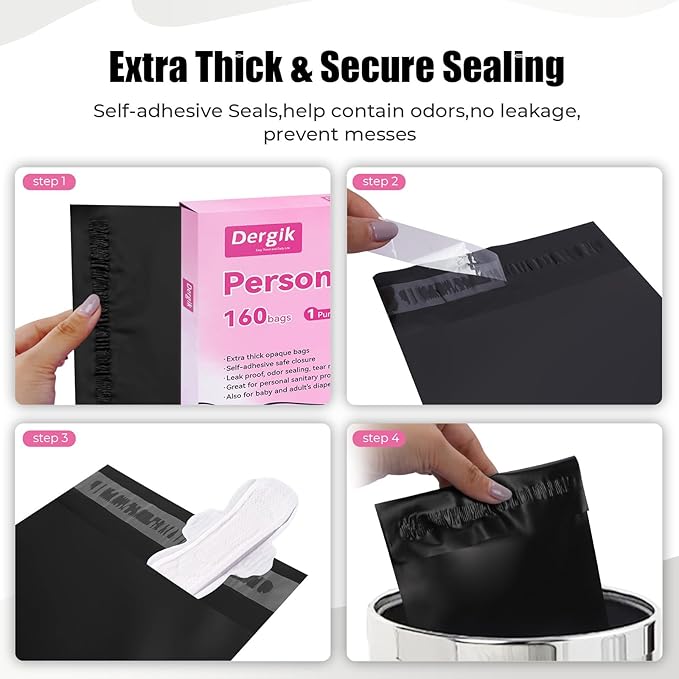160 pcs Sanitary Napkin Disposal Bags, Personal Care Feminine Hygiene Disposal Bags, Opaque, Odor Control, Discreet Disposal for Tampons, Pads, Liners,Diapers, with Pouch, Black