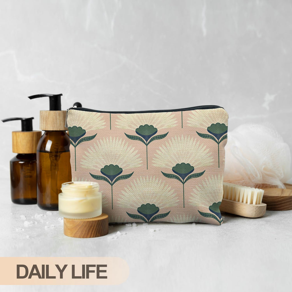 RYYCDOI Vintage Boho Floral Pink Makeup Bag, Art Deco Floral Botanical Cosmetic Bags for Women, Boho Gifts for Women, Retro Mid Century Modern Art Zipper Makeup Pouch