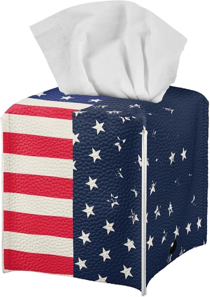 American Flag Tissue Box Holder Stylish Leather Square Tissue Box Cover with Top Handle Waterproof Napkin Case Holder Home Office Bathroom Decor