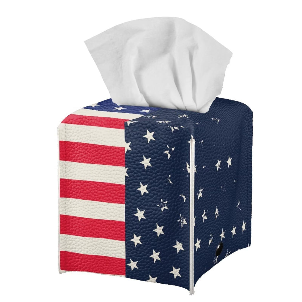 Pzuqiu American Flag Tissue Box Holder Stylish Leather Square Tissue Box Cover with Top Handle Waterproof Napkin Case Holder Home Office Bathroom Decor