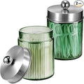 Amolliar Sage Green Qtip Holder, Glass Apothecary Jar Metal Lid & Sticker, Bathroom Qtip Dispenser Storage Canister, Perfect for Cotton Balls, Swabs, Round Pads, Bath Salt, Floss,Brushed Nickel 2 Pack