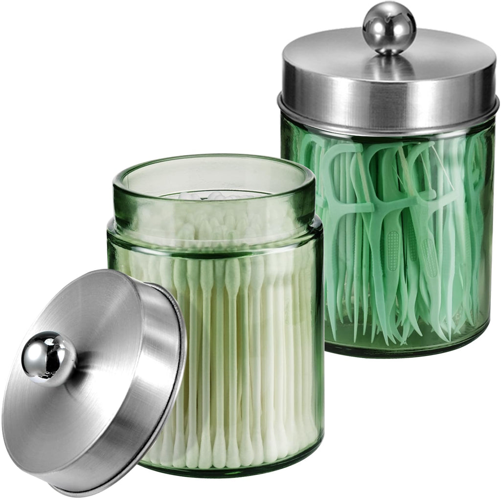 Amolliar Green Glass Apothecary Jar, Qtip Holder for Bathroom, Bronze 1Pack