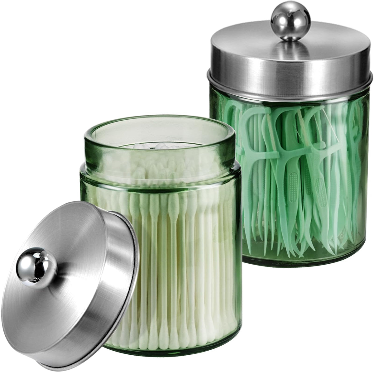 Amolliar Green Glass Apothecary Jar, Qtip Holder for Bathroom, Bronze 1Pack