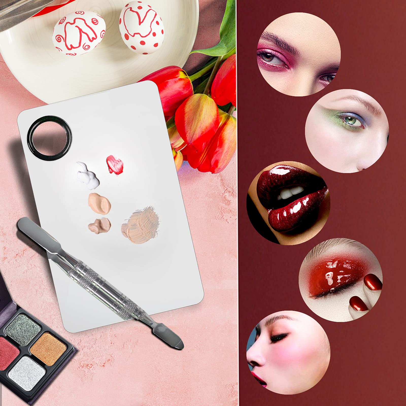 Banugo Stainless Steel Makeup Mixing Palette - 2Pcs, Includes Spatula, For Foundation/Eye Shadow/Mascara/Nail Polish/Pigment/Nail Art