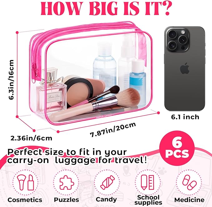 CHICAUP 6 Pieces Clear Makeup Bags Bulk TSA Approved Toiletry Bag for Travel PVC Waterproof Clear Cosmetic Pouch with Zipper for Men and Women Carry-on Travel Essentials (Rose Red)