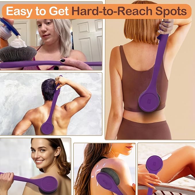Lotion Applicator for Back, Feet, Long Handle Curved, Back Sunscreen Applicator for Kids, Women, Ultra Soft Bristles for Ultimate Comfy, Apply Cream Moisturizer, Self Tanner, Purple