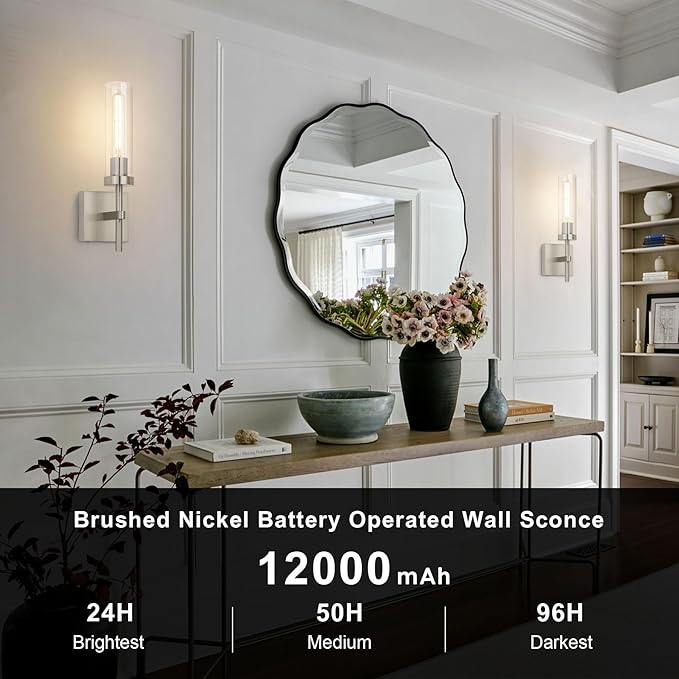 SANTOSTOCK Brushed Nickel Battery Operated Wall Sconces with Remote Control, Wireless Wall Sconce Set of 2, Rechargeable Cordless Wall Lights for Living Room Bathroom Hallway Entryway Stairwell, 3000K