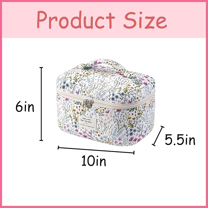 uekeboag Large Travel Quilted Makeup Bag for Women, Floral Cotton Cosmetic Bag, Coquette Aesthetic Floral Toiletry Organizer Bag(Spring flower