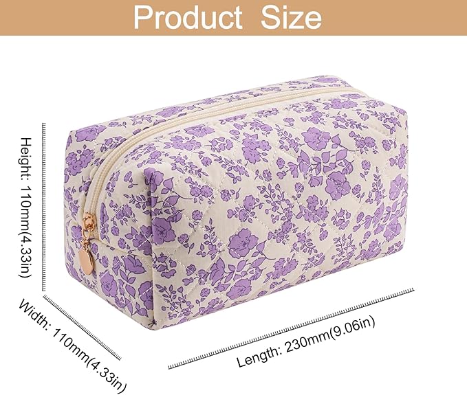 HHQQWZ Cute Square Floral Cotton Makeup Cosmetic Bag for Women Girls, Travel Quilted Zipper Make Up Bag, Square Flowers Organizer Case Kawaii Makeup Cosmetic Travel Cloth Pouch (Purple Floral)