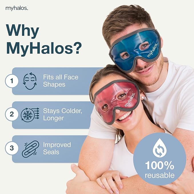 MyHalos Gel Mask - Reusable Cooling Eye Mask with Adjustable Straps - Cold Mask for Puffy Eyes, Dark Circles and Hangovers - Face Ice Pack Compress for Sinus, Headaches (Blue, (Pack of 2))