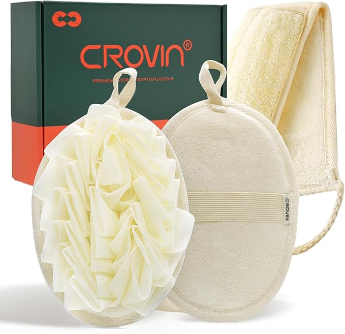 CROVIN Mesh Pouf Body Sponge Set - Redesign Bath Loofahs Shower Puffs 2 Pack & Exfoliating Natural Loofah Back Scrubber. How to - Great Gift for A Glowing Skin & Healthy Body