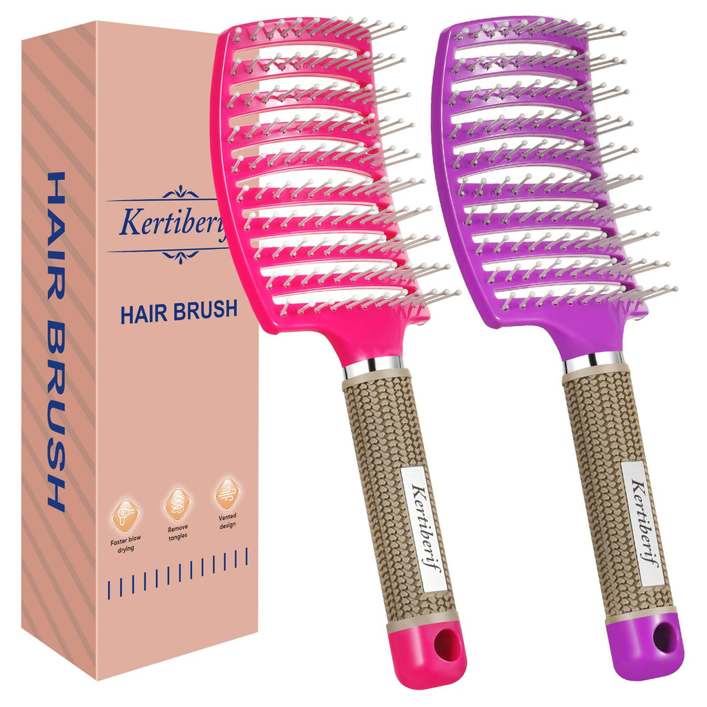 Kertiberif 2 Pack Curved Vented Detangling Brush for Wet and Dry Hair, Paddle Styling Hair Brush for Faster Blow Drying, Detangler Brush for Women Men Curly Thick Hair