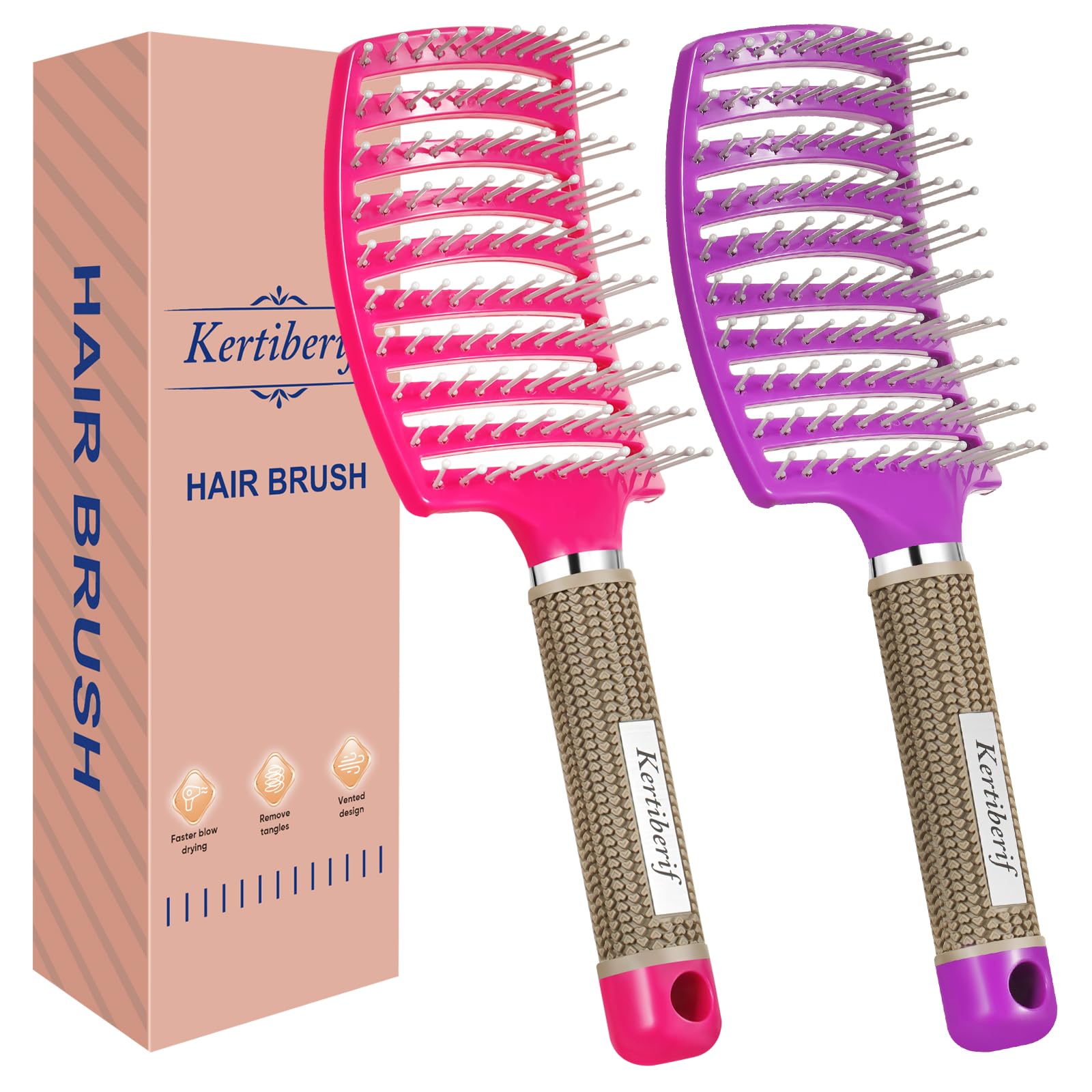 Kertiberif 2 Pack Curved Vented Detangling Brush for Wet and Dry Hair, Paddle Styling Hair Brush for Faster Blow Drying, Detangler Brush for Women Men Curly Thick Hair