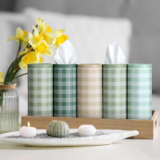 Fourluoo 12 Set Green Plaid Tissue Boxes for Car Cylinder Bulk Fresh Plaid Round Cylinder Holder with 3 Ply Facial Tissues for Spring Summer Travel Bathroom Office Decoration