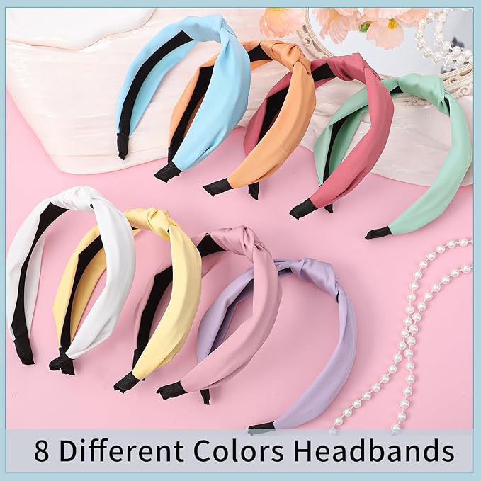 obeoby 8Pcs Girls Headbands, Knotted Headbands for Teen Girls Summer Outdoor Outfit Light Multicolor Series Easter Basket Stuffers Hair Accessories Trendy Stuff