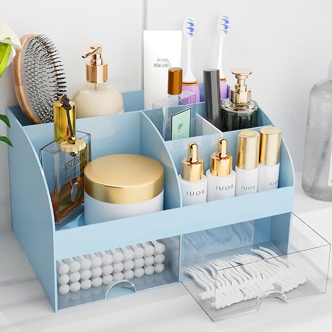 Makeup Organizer with Drawers, Cosmetic Storage for Dresser Vanity and Bathroom Countertop, Beauty Holder for Lipstick Brush, Skincare Organizer for Vanity, Cosmetic Display Case (White)