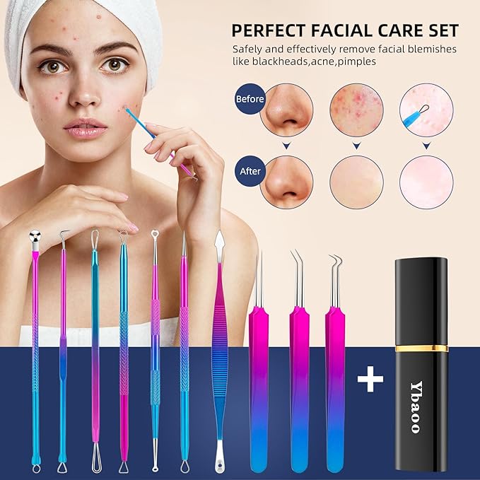 Pimple Popper Tool Kit - Ybaoo 10 Pcs Blackhead Remover Comedone Extractor Kit with Metal Case for Quick and Easy Removal of Blackheads, Zit Removing, Facial and Nose(Colorful)