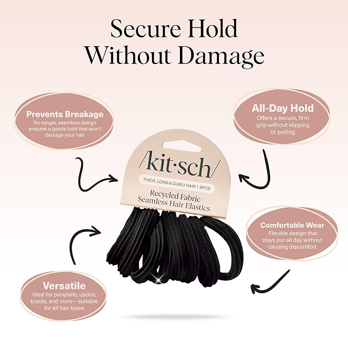 Kitsch Seamless Hair Ties No Damage - Stretchable Hair Bands for Strong All-Day Hold, Ponytail Holders | Hair Accessories for Girls - Black 8 Pcs