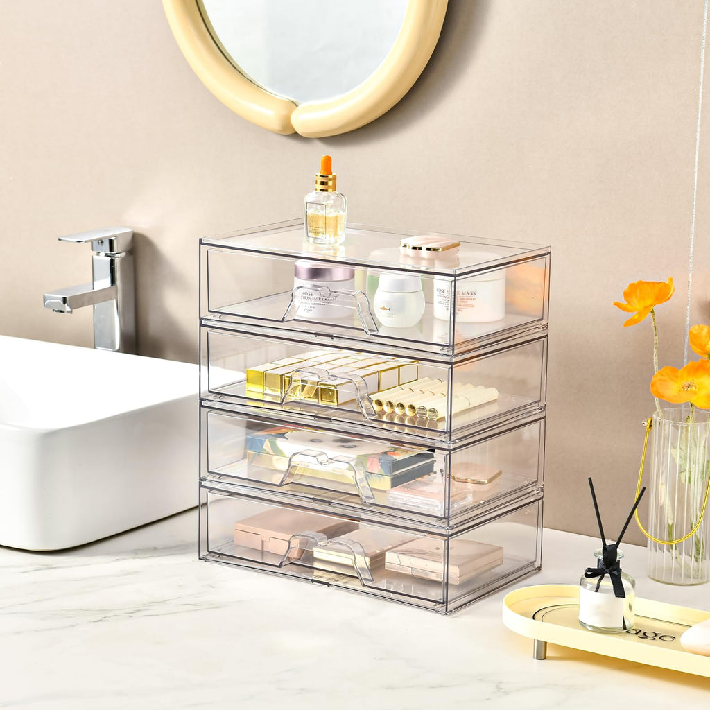 3 Pack Stackable Makeup Organizer, 12.1''L Acrylic Bathroom Organizer and Storage Undersink Drawer, Cosmetics and Beauty Supplies,Clear Plastic Storage Bins for Vanity,Pantry,Desk,Cabinet,Kitchen