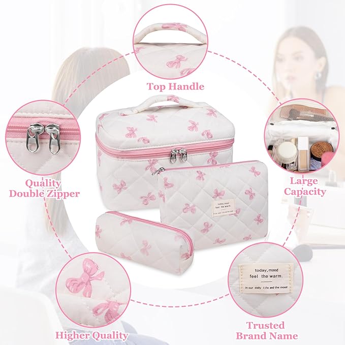 Gosect 3PC Makeup Bag Set, Quilted Makeup Bag Set, Large Floral Cosmetic Bag for Women, Cute Cotton Makeup Bags, Flower Travel Toiletry Organizer Bag (White Pink Bow Tie)