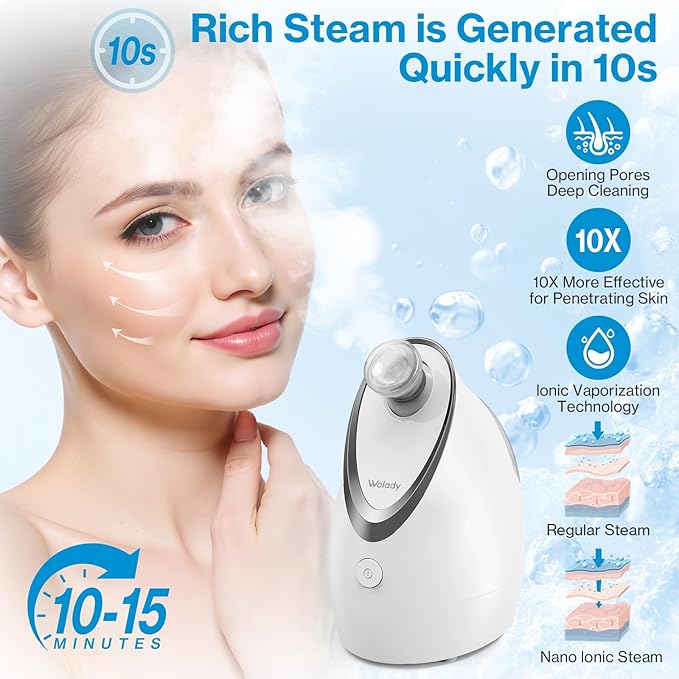 Wolady Facial Steamer, Nano-Ionic Face Steamer with Adjustable Nozzle & Aromatherapy Function, Warm Mist Humidifier Home Sauna Spa, Facial Moisturizing Deep Cleaning for Women, Birthday Gifts,White