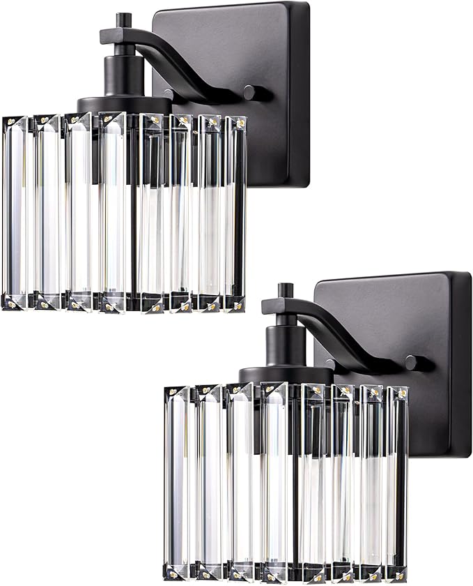 EDISHINE Hardwired Black Crystal Wall Sconces Set of 2, Modern Vanity Light