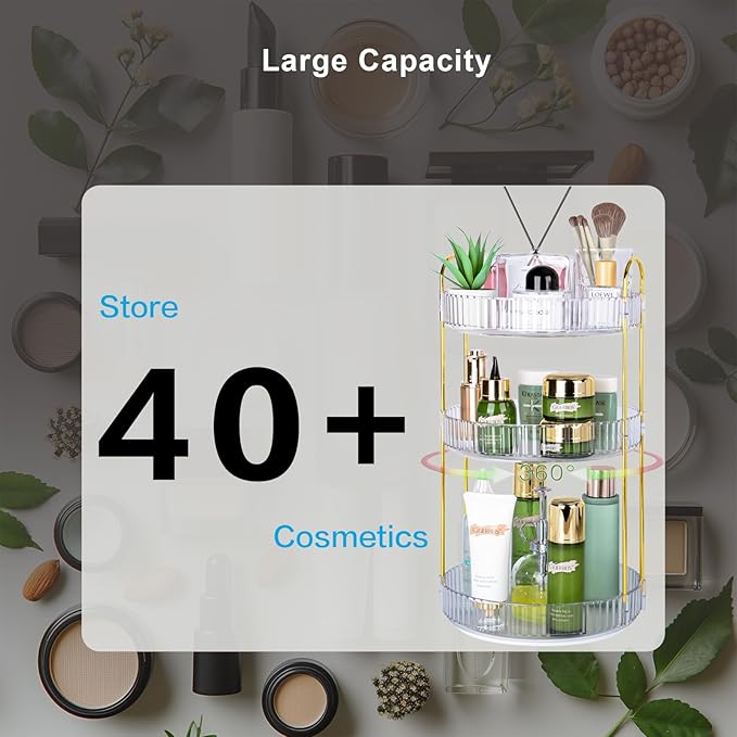 Niluks 360 Rotating Makeup Organizer, 3 Tier Large Capacity Lazy Susan Bathroom Counter Organizer, Skincare Organizers, Spinning Perfume Organizer & Vanity Organizer Countertop (Golden Clear, 3 Tier)