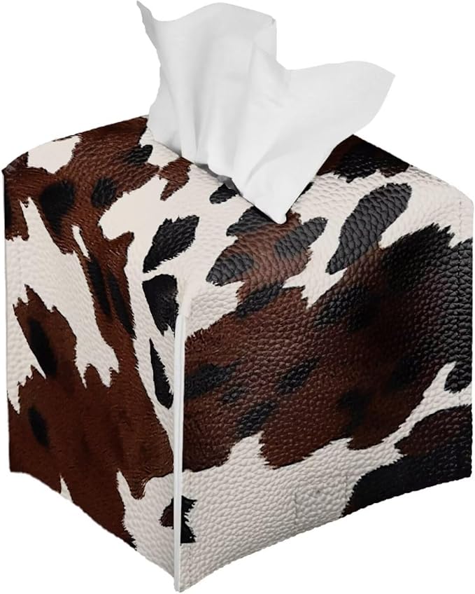 Cowhide Print Tissue Box Cover Modern Square Tissue Box Organizer Decorative PU Leather Facial Paper Holder for Bathroom Vanity Countertop Bedroom Dresser Office Desk